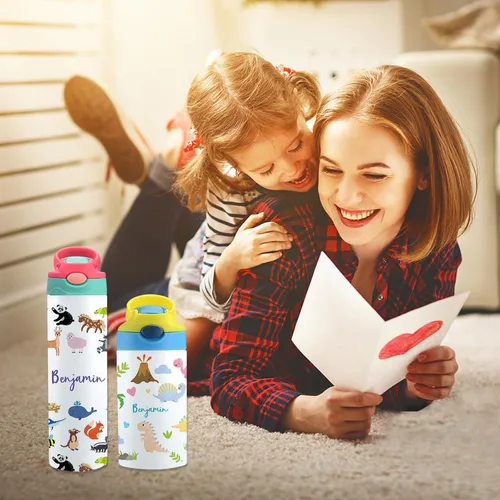 Vista 6 de Botellas de agua personalizadas con nombre personalizado, botella aislada con tapa de popote, botellas de agua de acero inoxidable personalizadas