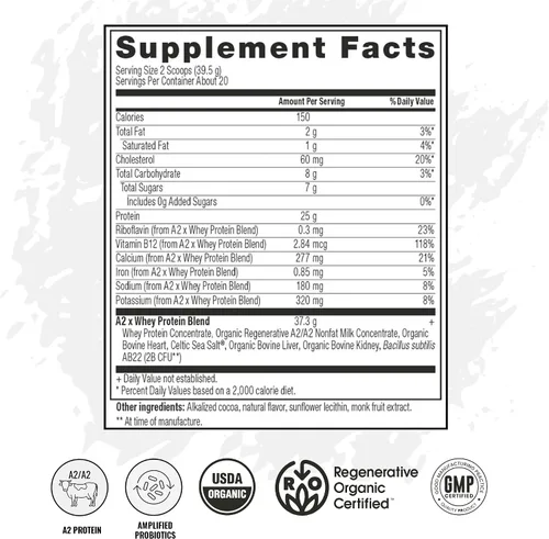 Vista 4 de VICERA A2 Polvo de Proteína, Leche de Chocolate, 25 G de Proteína por Porción, Mezcla Orgánica de A2/A2 de Suero y Caseína con Probióticos y Sal