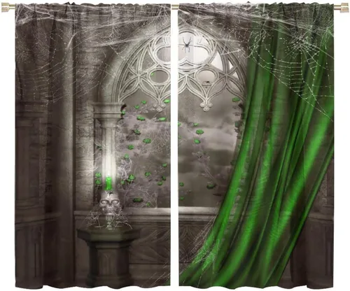 Vista 31 de Cortinas opacas góticas, diseño de calavera de terror de palacio retro, fondo de rosas rojas, sala de estar, dormitorio, cocina, cortinas de ventana