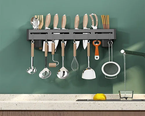 Vista 2 de Organizador de cocina de 20 pulgadas, ganchos sin agujeros, organizador de almacenamiento de cubiertos montado en la pared para cuchillos, cucharas