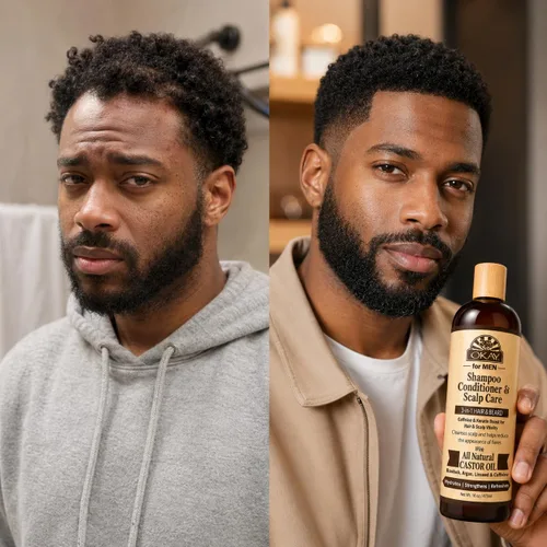 Vista 2 de OKAY -MEN Champú y acondicionador 3 en 1 - Champú y acondicionador de aceite de ricino, lavado de barba, tratamiento aclarador para cabello seco