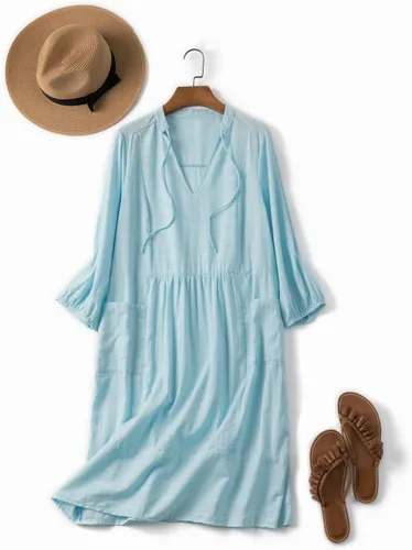 Vista 2 de Vestido de verano con cuello en V para mujer, estilo casual, holgado, con manga 34, bolsillo