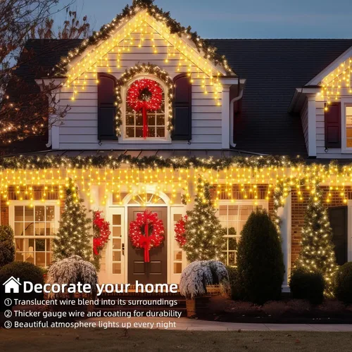 Vista 7 de Luces de Navidad de carámbano para exteriores - 200 LED 6.4+4.9 m 8 modos, cortina de luces de hadas en forma de guirnalda, enchufables