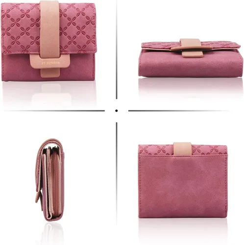 Vista 4 de FT Funtor Carteras RFID para mujer, billetera triple para mujer con bolsillo con cremallera para monedas, de cuero vegano, monedas, bolsillo