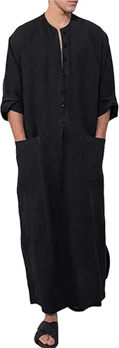 Vista 3 de YAOHUOLE Men's Kaftan Thobe Long Sleeve Muslim Robe Button Up Side Split Kaftan Thobe with Pockets