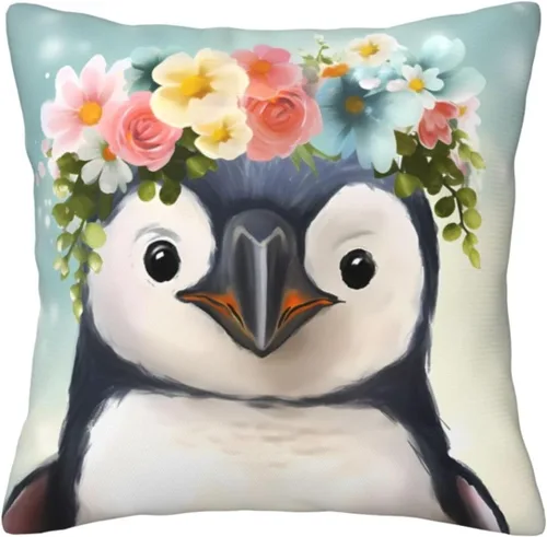 Vista 9 de Funda de cojín cuadrada suave con estampado de pingüinos con estampado de flores, para decoración del hogar, sala de estar, cama, sofá automóvil, 18