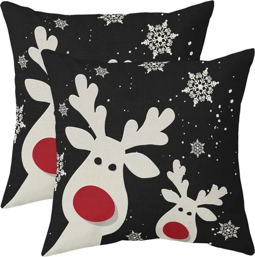 Vista 14 de Juego de 2 fundas de almohada lumbar de Navidad negras de 12 x 20 pulgadas, diseño rústico de copos de nieve de ciervos de Navidad, almohadas