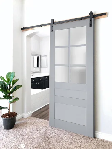 Vista 2 de Puerta de granero resistente de 18 x 80 pulgadas Veregio 7339 gris mate con vidrio esmerilado Juego de perchas de riel de 6.6 pies Puertas