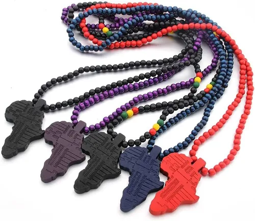 Vista 3 de Collar de cadena de cuentas de madera con dije de mapa de África, collar de hip hop, joyería de rapero para hombres