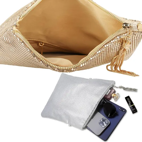 Vista 5 de Bolso de mano grande de malla metálica para noche, bolso convertible con borla