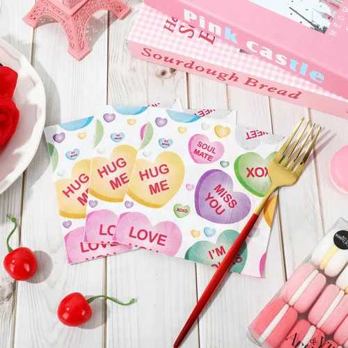 Vista 4 de Whaline 80 servilletas de papel para el día de San Valentín, conversación con corazón, desechables, servilletas de cóctel coloridas para vacaciones