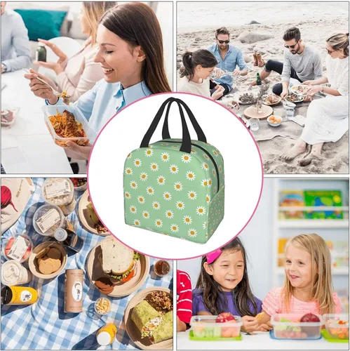 Vista 7 de Lonchera térmica verde con margaritas para adultos, niños, niñas, mujeres, trabajo, oficina, escuela, picnic, playa, lonchera reutilizable