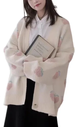 Vista 3 de Cárdigan de estilo japonés para mujer, suelto, dulce, lindo suéter de punto de fresa