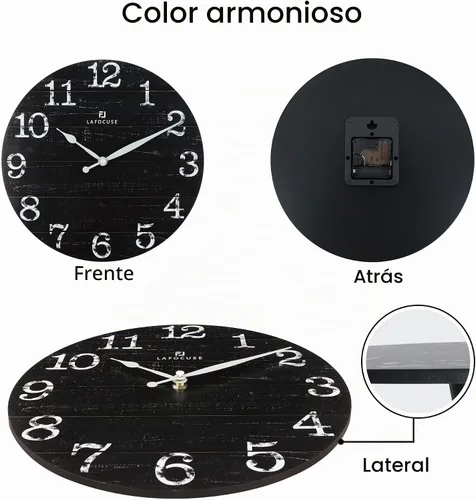 Vista 5 de Lafocuse Relojes de pared negros silenciosos de 12 pulgadas para decoración de cocina, sala de estar, reloj de pared rústico de madera, funciona