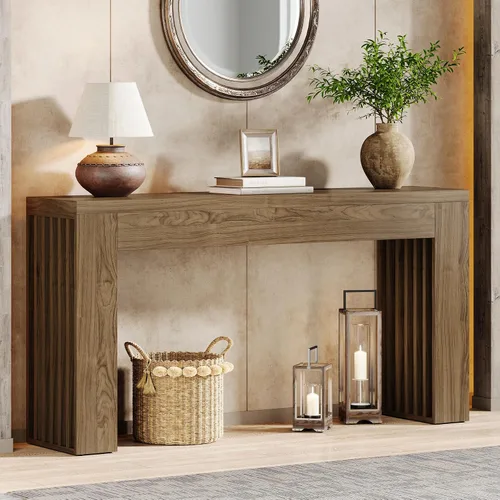 Vista 3 de Tribesigns - Mesa de sofá de consola de madera de 59 pulgadas de largo detrás del sofá con patas de listones verticales para entrada, pasillo