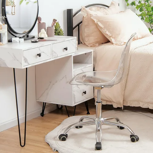 Vista 9 de Giantex Silla de escritorio de acrílico, silla enrollable de oficina transparente sin brazos, silla fantasma de ocio ajustable con base cromada