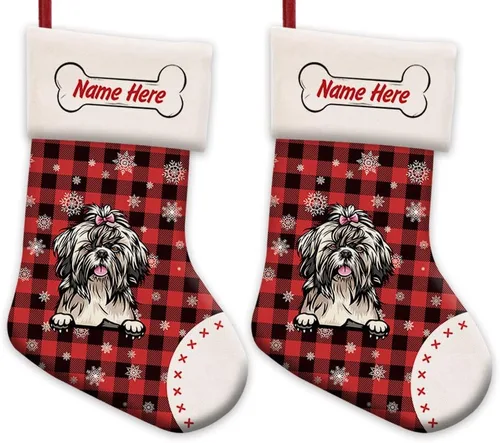 Vista 61 de Foto personalizada, Feliz Navidad, búfalo rojo, a cuadros, feliz perro, calcetín de Navidad, copo de nieve, decoración de vacaciones, calcetín