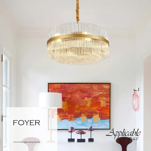 Vista 7 de 23.6" Lámparas de araña doradas modernas, candelabro de vidrio redondo de 2 niveles para comedor, 12 luces, lámparas colgantes para vestíbulo