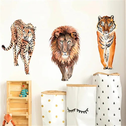 Vista 3 de Calcomanías de pared con diseño de tigre león y leopardo, calcomanías de pared extraíbles de vinilo extraíble para sala de estar, dormitorio