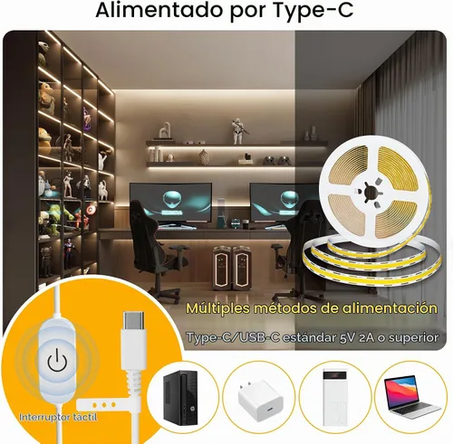 Vista 2 de CtrlCV COB - Tira de luz LED USB-C de 5 V, luz blanca, tira de luz COB de 6.56 pies, interruptor táctil ajustable brillante para decoración del 6000K