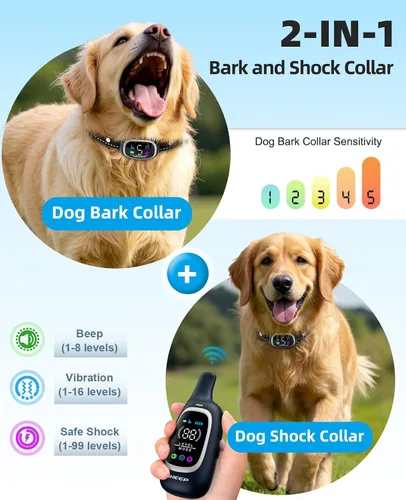 Vista 2 de Collar de Choque para Perros 2 en 1 y Collar Anti-Ladridos para Perros – Collar de Entrenamiento para Perros de 3300 Pies con Control Remoto, Collar