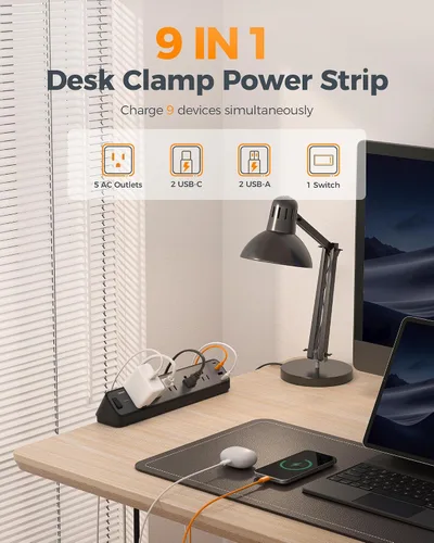 Vista 3 de Regleta de Energía con Abrazadera para Escritorio Negra, TESSAN Cable de Extensión de Enchufe Plano de 6 Pies con Múltiples Tomacorrientes, 5
