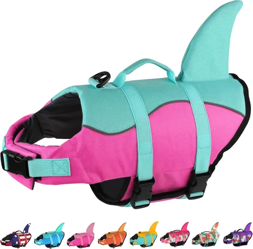 Vista 14 de Dogcheer - Chaleco salvavidas para perros, lindo diseño de tiburón para natación y navegación con flotabilidad superior y asa de rescate, chaleco