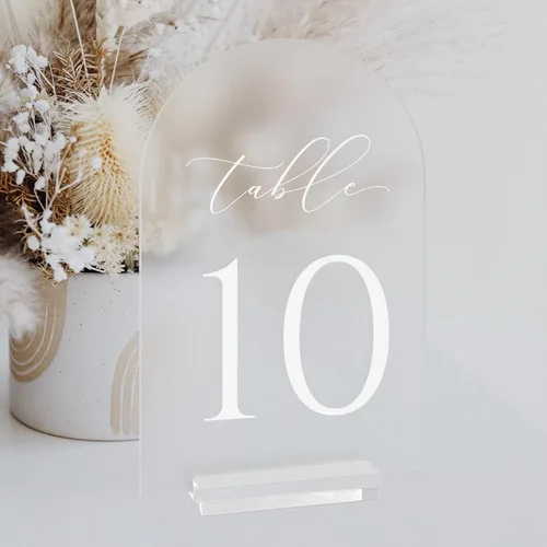 Vista 12 de Números de mesa de arco transparente para boda, mesa de acrílico arqueada de 5 x 7 pulgadas, números 1-10 con soportes, letrero de arco de acrílico