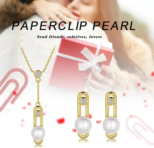 Vista 5 de Fasjewly Delicados juegos de joyas de perlas, chapado en oro de 14 quilates, juego de collar y aretes de una sola perla, colgante en Y y aretes