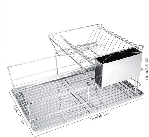 Vista 2 de Escurridor de platos, escurridor de platos de 2 niveles con escurridor, escurridor de platos de acero inoxidable con soporte para cubiertos