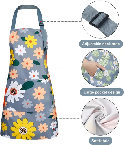 Vista 4 de BOUMUSOE Paquete de 3 delantales florales con bolsillo, delantales para mujer, impermeables, ajustables, para cocina, jardinería