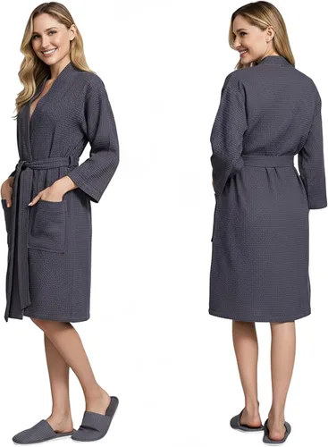 Vista 17 de Lotus Linen Women’s Lightweight Waffle Spa Robes – Soft Cotton Knee Length Bathrobe, Personalized Bridesmaids Robe Negro