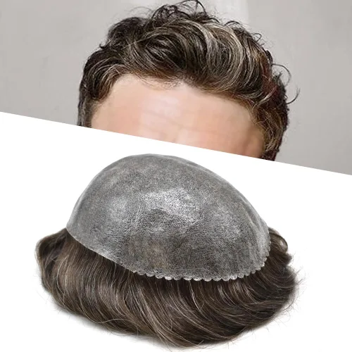 Vista 104 de Toupee para hombres Sistema de reemplazo de cabello humano real para hombres Completo PU Mens Hairpiece de aspecto natural para hombre piezas