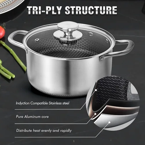 Vista 7 de AuFranc™ Olla híbrida antiadherente de acero inoxidable de 6 cuartos de galón con tapa de vidrio, olla de inducción con tallado de panal, olla