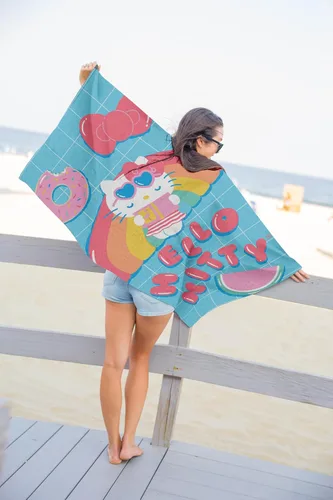 Vista 2 de Jay Franco Hello Kitty Rainbow - Toalla de playa para piscina y baño, súper suave y absorbente, 100% algodón, mide 28 x 58 pulgadas Azul - Hello