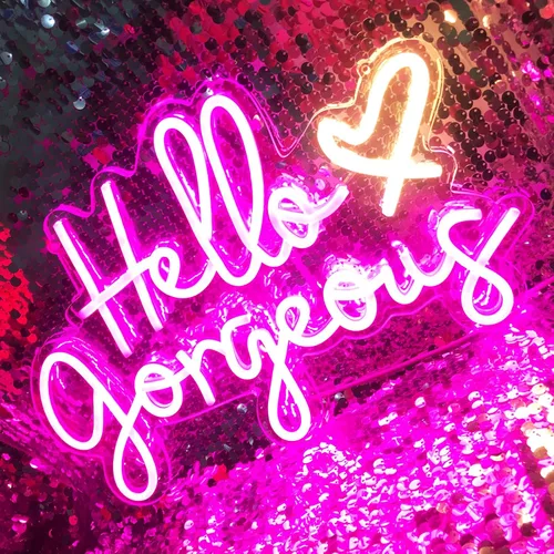 Vista 11 de Letrero de neón con texto en inglés "Hello Gorgeous Neon", luces LED de neón rosadas para el hogar, boda, cumpleaños, telón de fondo, fiesta