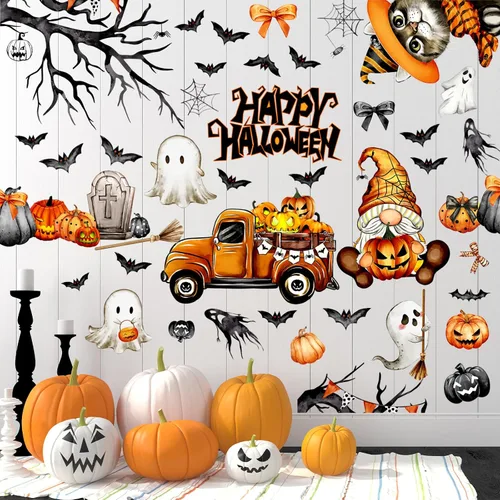 Vista 12 de Haull 6 hojas de calcomanías de pared de Halloween, calcomanías de pared reutilizables para ventana de Halloween, acuarela, bruja, murciélagos