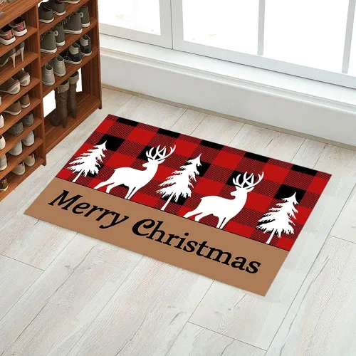 Vista 4 de Tapete clásico retro de reno de Navidad, rojo, negro, blanco, copos de nieve, a cuadros, cuadriculados, felpudo para puerta delantera/baño, 23.6 x