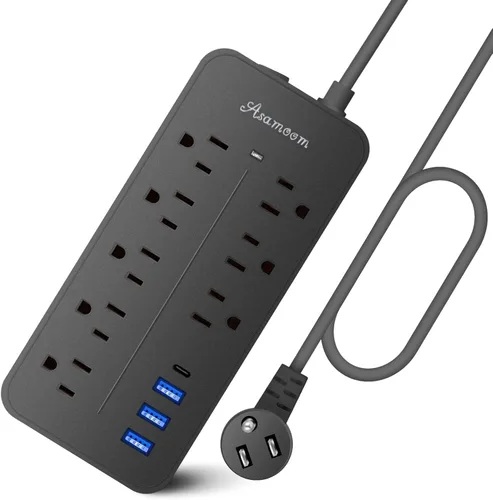 Vista 9 de Regleta de alimentación con protector de sobretensiones de 10 pies, Asamoom, tira de alimentación de enchufe plano con cable largo ETL listado, 8