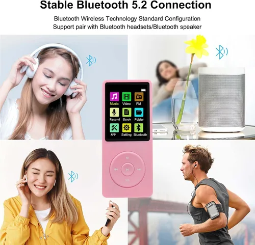 Vista 4 de Reproductor MP3 de 128 GB con Bluetooth 5.2, reproductor de música portátil rosa para niños con altavoz HD integrado, radio FM, grabadora de voz