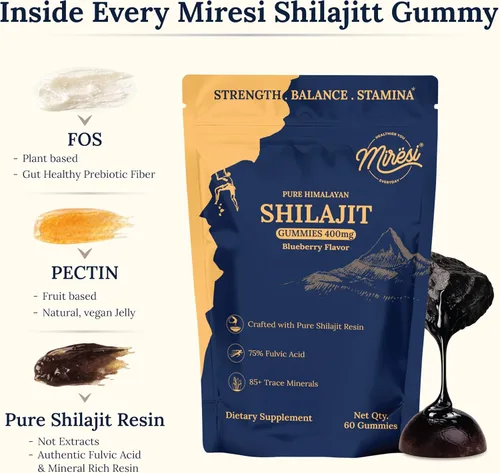 Vista 3 de Miresi Gomitas Shilajit - Sabor a arándanos Ricas en ácido fúlvico y más de 85 minerales traza Apoya la energía, la resistencia