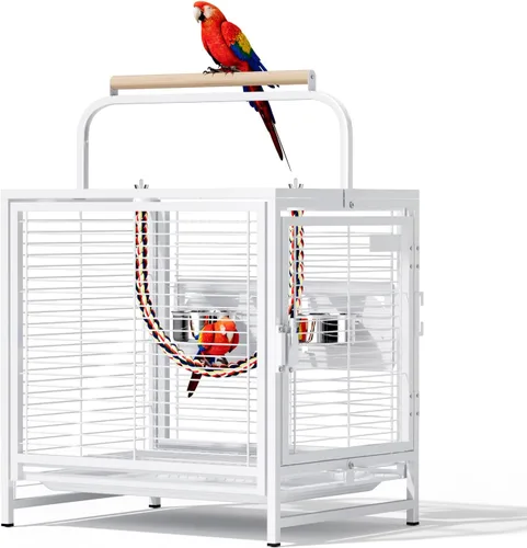 Vista 11 de VINGLI Jaula para pájaros pequeños, jaula de viaje de 19 pulgadas con asa, jaula de periquitos de hierro forjado con perca de madera para loros