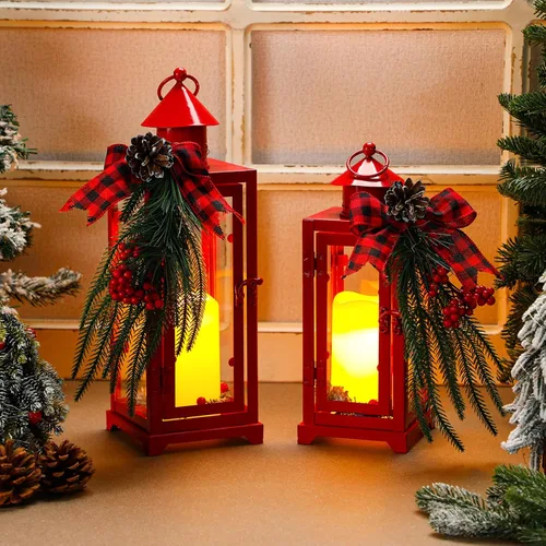 Vista 8 de Baquler 2 faroles de metal negros de Navidad y velas LED falsas de 12 y 15 pulgadas, faroles decorativos con adorno de Navidad para porche