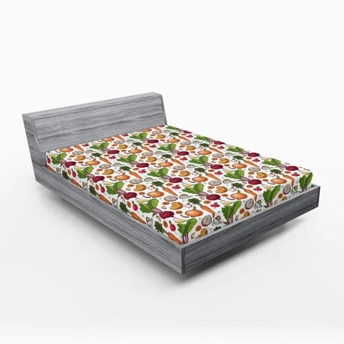 Vista 17 de Ambesonne Juego de sábanas bajeras veganas, ilustración de plátanos simétricamente alineados con patrón de frutas exóticas, funda de cama