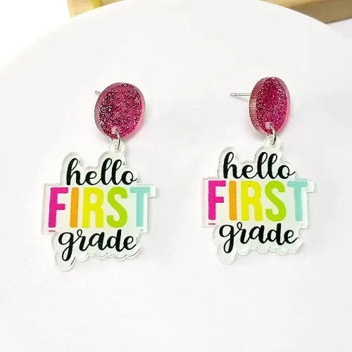 Vista 3 de Coloridos aretes colgantes de letras para profesores para mujeres y niñas, aretes acrílicos para el regreso a clases, regalos de agradecimiento