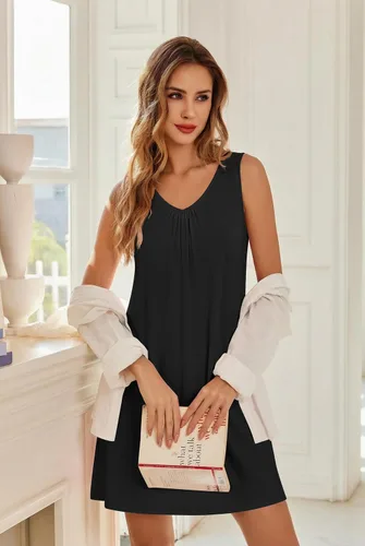 Vista 4 de Ekouaer Camisones para mujer, de viscosa de bambú, sin mangas, para dormir, con cuello en V, ropa de dormir