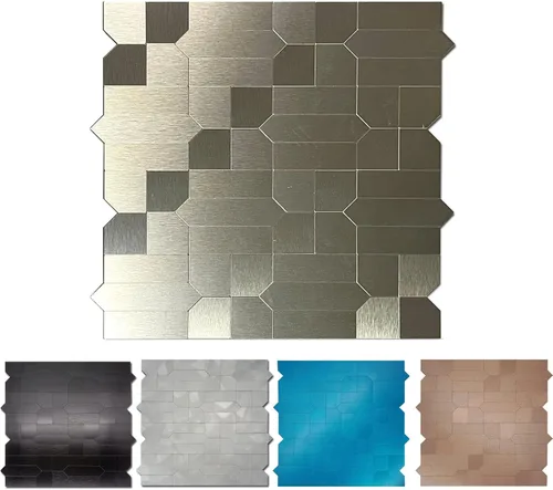 Vista 3 de XUANINY 7 hojas de azulejos metálicos para salpicaduras de muro, autoadhesivas, múltiples formas, mosaico de aluminio 3D, adhesivo de pared