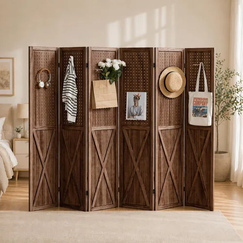Vista 8 de Divisor de Habitación de Madera con Tablero Perforado de 4 Paneles, Pantalla de Privacidad Plegable con Exhibidor de Tablero Perforado de 5.6 Pies