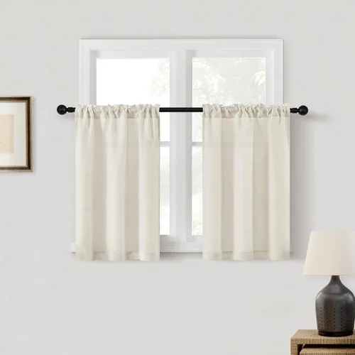 Vista 40 de Cortinas de cocina de lino semitransparente beige de 24 pulgadas de largo, 2 paneles Cream, Cafe Short Curtains, for Bathroom Small Windows, Light