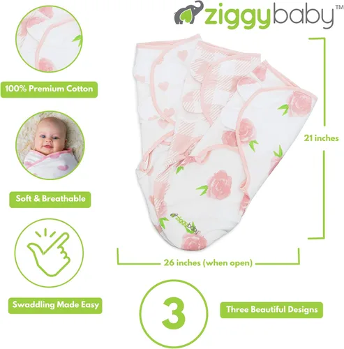 Vista 2 de Ziggy Baby Juego de manta ajustable para bebé niña, tamaño pequeño/mediano, 0-3 meses, paquete de 3 unidades, peonía rosa, corazón rosa, cuadros